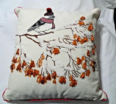 Winter Bird Embroidered Throw Pillow 17x17 Accent Cushion Pom Scarf Branch Decor - Image 1 of 4