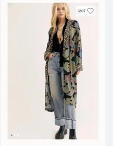 Free People Duster Women M Wild Nights Cheetah Tropical Floral Kimono Cardigan - Picture 1 of 10