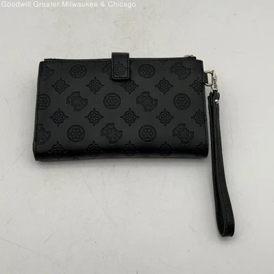 Cartera de muñeca con cremallera ranuras para tarjetas interiores con estampado de firma de cuero negro para mujer Foto 1 de 3
