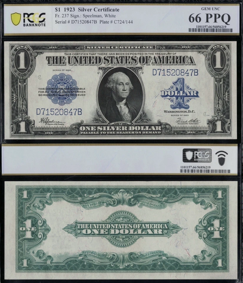 SC 1923 $1 Fr.237 Silver Certificate “Horseblanket” PCGS 66 PPQ - GEM UNC - Image 1 of 4