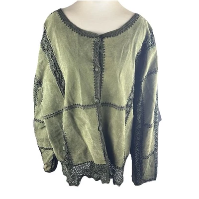 Vintage S.M.H. Woman’s Olive Leather Crochet Trim Jacket Top Size 3X Boho Luxe - Image 1 of 4
