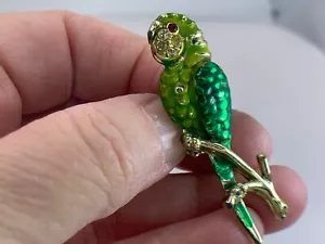 Spilla spilla oro vintage strass trasparenti smalto verde pappagallo uccellino M-2167* - Foto 1 di 4