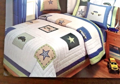 QUEEN QUILT + 2 SHAMS ~ CARS stars ~ greens blues COTTON Sageberry Creek NEW   - Image 1 of 4