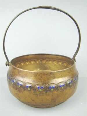 Antique WMF Germany Large Handled Brass & Enamel Kettle Pot Jugendstil - Image 1 of 4