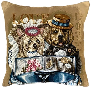 NEW 17" 43CM BELGIAN TAPESTRY CUSHION COVER, JUST MARRIED LOVE DOGS G433 - Picture 1 of 7