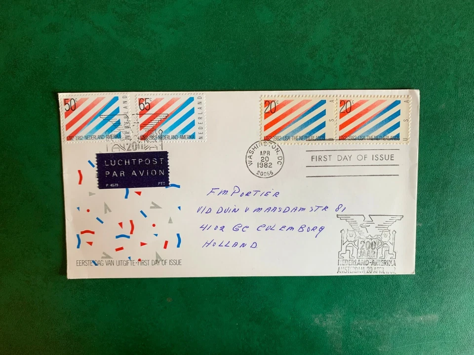 NETHERLANDS & USA 1982 FDC 201 DIPLOMATIC RELATIONS WITH USA JOINT PAIRS - Image 1 of 1