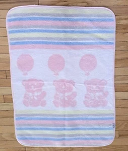 Santonja Teddy Bear With Balloons Pastel Stripe Baby Blanket Reversible Spain - Picture 1 of 7