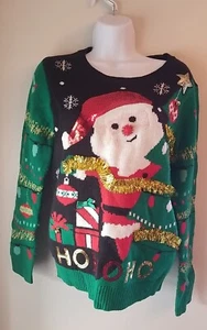 Damen No Boundaries Ugly Christmas Pullover Santa Lametta Baum Jingle Bell Large - Bild 1 von 6
