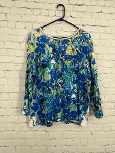 Jess & Jane Shirt Womens 1X Floral Irises Art Print Long Sleeve Top - Picture 1 of 9