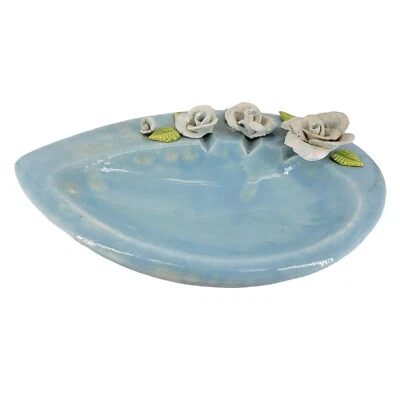Blue Soap Dish with White Rose Petals Green Leaves Bathroom - Image 1 of 4