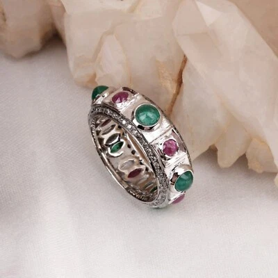 925 Argento Sterling Naturale Diamante E Smeraldo Rubino Fede Nuziale All Misura - Immagine 1 di 4