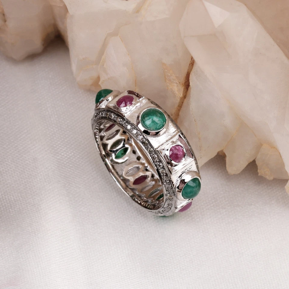 925 Argento Sterling Naturale Diamante E Smeraldo Rubino Fede Nuziale All Misura - Immagine 1 di 1