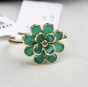 Diseñador 18k Oro Amarillo Pera Verde Esmeralda & Diamante Flor Alianza Talla 7 - Imagen 1 de 8