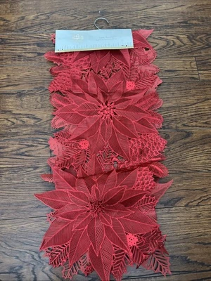34th & Pine Vinyl Shiny Christmas Poinsettia 15” X 61” Table Runner - Red - Image 1 of 4