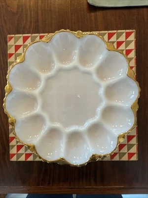 Vintage Anchor Hocking White Milk Glass Gold Trim Deviled Egg Dish 10" W/ Box - Image 1 of 4