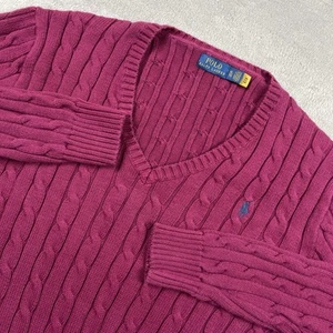 Polo Ralph Lauren Cable Knit Sweater Womens XL Wine Red Slim Fit V-Neck Preppy - Picture 1 of 9