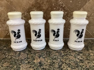 Vintage Hazel Atlas Milk Glass set of (4) Shakers w/Black Roosters 3.75" - Picture 1 of 3