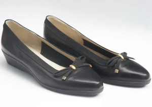 Vintage Bally Black Leather Ballet Flats Wedge Pumps Shoes With Bows And Gold Me - Picture 1 of 14