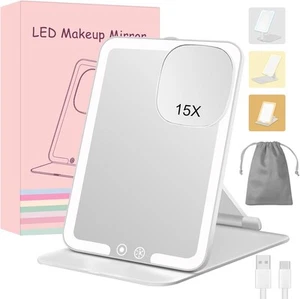 15X Travel Makeup Mirror with Lights,Rechargeable Portable 1X Vanity White  - Picture 1 of 8