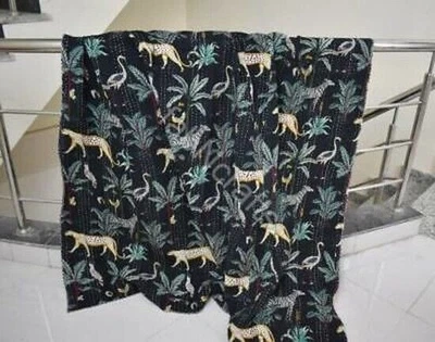 Colcha Kantha Vintage Estampa Selva Indiana Feita à Mão Algodão Colcha Cobertor - Imagem 1 de 4
