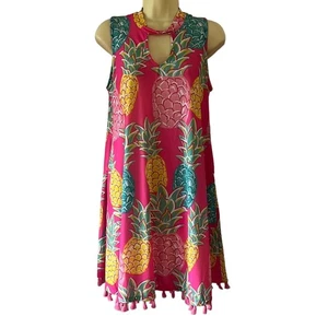 Simply Southern Pink Pineapple Print Knit Dress Woman Size Medium Fringe Keyhole - Picture 1 of 7