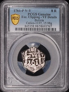 1761-P V-Y Bolivien Silber 8 Reales 15,98g Calico-1137 PCGS ss Det. Exc. Clipping - Bild 1 von 2