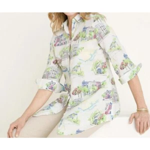 Chico's No Iron Linen Southern Charm Print Side Button Tunic sz 2 (12/14) NWT - Picture 1 of 4