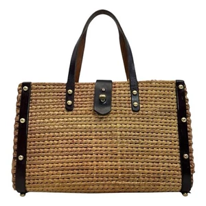 Vintage 60s 70s ETIENNE AIGNER Handmade Straw Leather Tote Bag Handbag Satchel - Picture 1 of 24