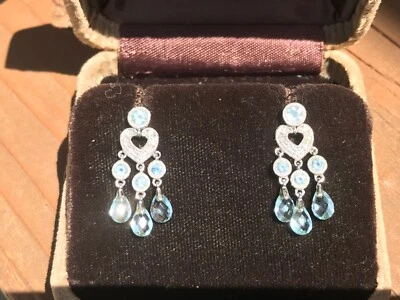 Estate Vintage 18k White Gold Diamond Heart Blue Topaz Chandelier Earrings  - Изображение 1 из 4