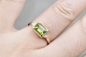 Antique Emerald Cut Natural Peridot 14K Gold Plated 925 Silver Engagement Ring - Picture 1 of 9
