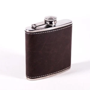 Leather Stainless Steel Flask Drinking Vessel Canteen Canister Bottle Brown Tan - Picture 1 of 10
