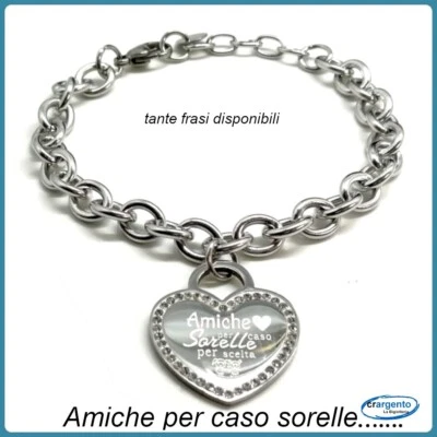 bracciale donna acciaio con ciondolo cuore frase scritta amicizia braccialetto - Immagine 1 di 4