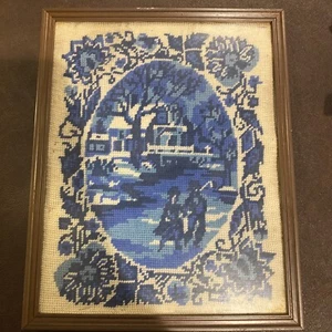 Vintage Framed NEEDLEPOINT PICTURE 15” X 12” VERY OLD! Blue And White Flowers - Picture 1 of 10