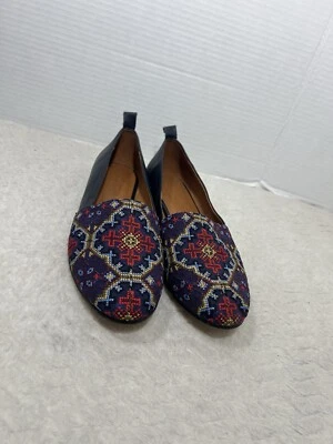 Sapatos planos bordados de couro marinho Sundance catálogo feminino tamanho 39 EUA 8,5 - Imagem 1 de 4