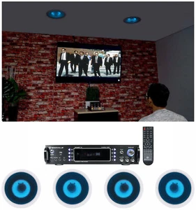 Rockville Home Theater Bluetooth Receiver+(4) In-Ceiling 8" Blue LED Speakers - Picture 1 of 12