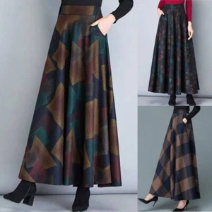 Womens Casual Check Plaid Long Skirt A-line Pleated Long Swing High Waist Dress - Picture 1 of 22