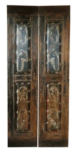 Antique Black Door Panel, Krishna,Peacock Painted Interior Doors Teak Wood Door 