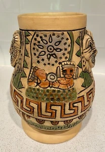 Hand Painted Mexican Pottery Vase Hand Carved Stamped - Picture 1 of 8