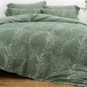 Duvet Cover Set King Size Washed Cotton Yarn, Jacquard Green and White Thin B... - Picture 1 of 7