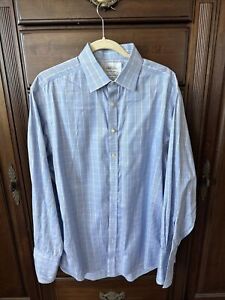 Charles Tyrwhitt Checkered Blue Long Sleeve Dress Shirt Classic Non Iron 17.5