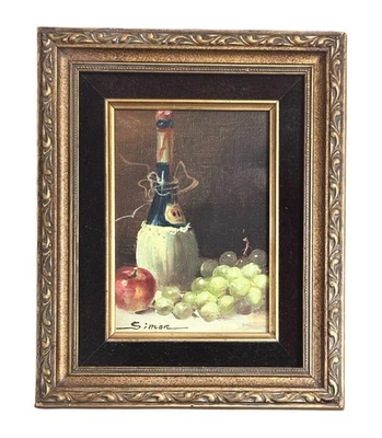 Miniature Oil Painting On Board Signed Simon Fruits And Wine Framed Mid Century - Image 1 of 4