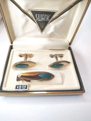 Juego de 3 piezas de gemelos y clip de barra de corbata SWANK plateado prensado verde jade vintage Foto 1 de 4
