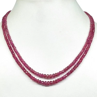 2 Strand Natural Mozambique Ruby Necklace 2.5-5mm Faceted Beads 925 Silver Clasp - Image 1 of 4