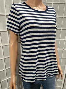 Women's Old Navy Everywear Linen Blend Medium White Blue Stripe T-shirt - Picture 1 of 5