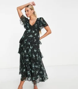ASOS Design Maternity Maxi Dress Ruffles Floral Flutter Sleeve Cottage 6 NWT $85 - Picture 1 of 9