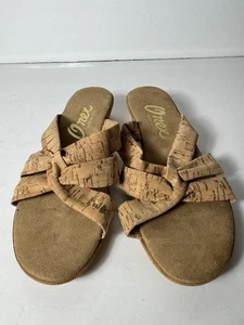 Onex Italy Tan Cork Criss Cross Wedge Slide Sandals Womens Slip On Shoes 7 EUC - Picture 1 of 6