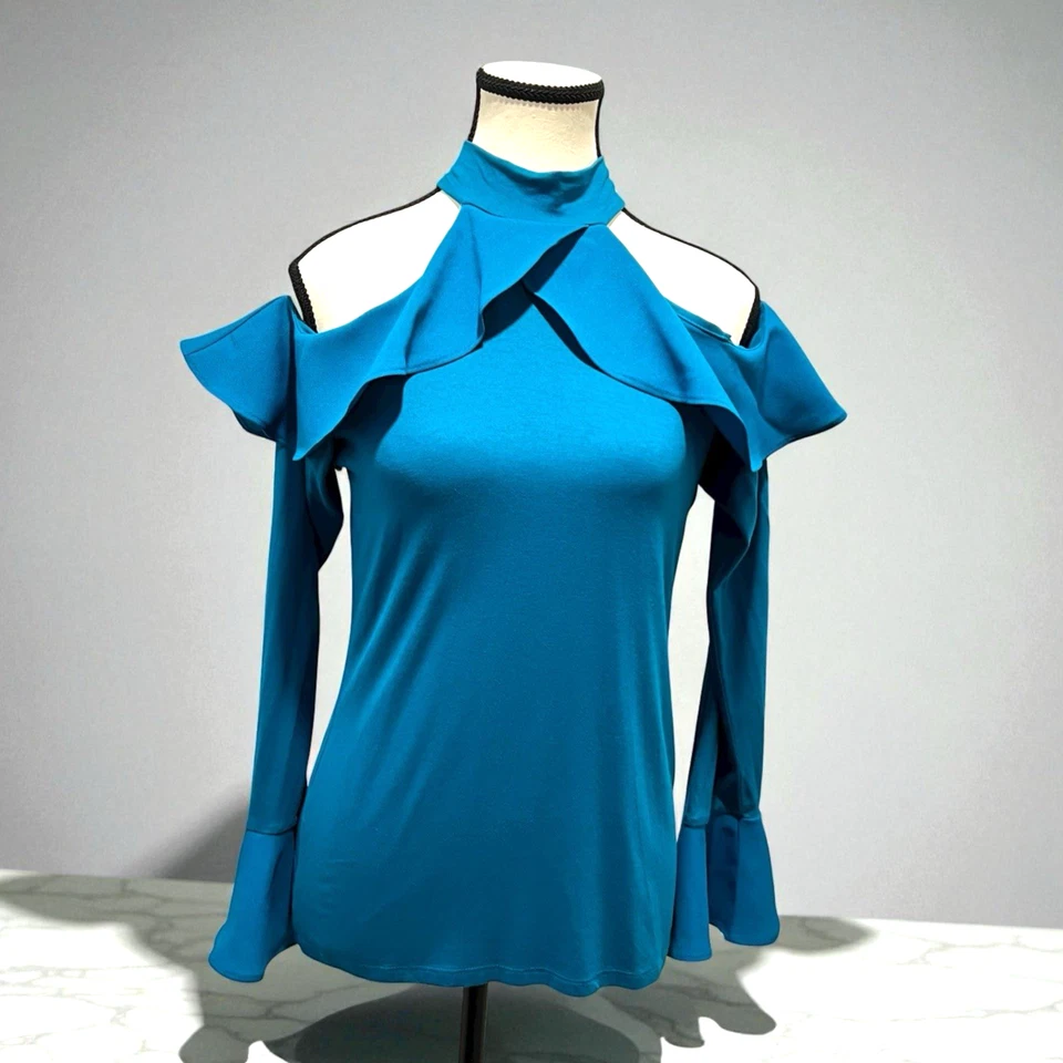 INC Y2K Azul Elástico Halter Volantes Cuello Hombro Frío Impresionante Para Mujer Pequeño Foto 1 de 4