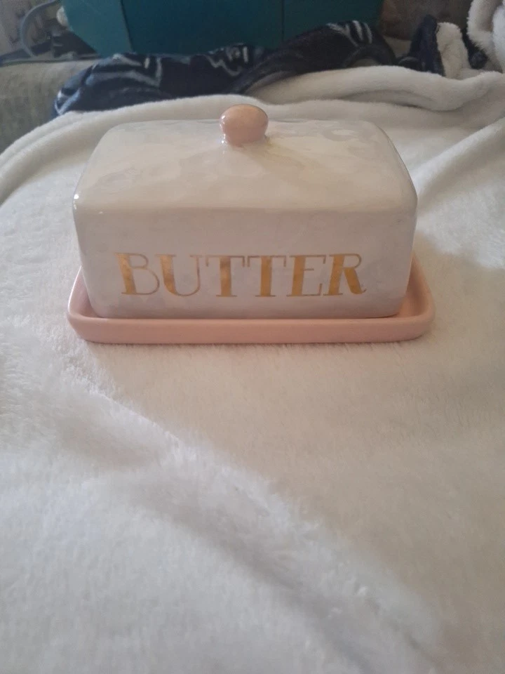 Oversized large pink  & white Butter dish w/lid  gold lettering shabby farmhouse - Image 1 of 1