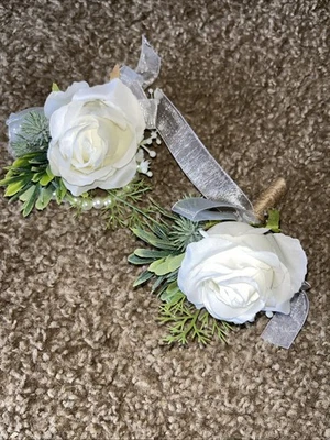White Silk Rose corsage and boutonniere set - Image 1 of 4