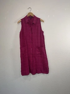Eileen Fisher Plaid Organic Linen Sleeveless Mini Shirt Dress - Fuchsia XS - Picture 1 of 6
